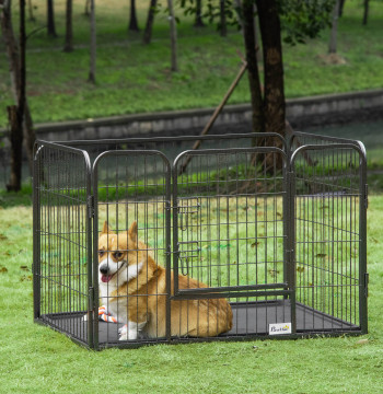 Barreira de Segurança para Animais de Estimação Parque de Diversão para Animais com 4 Painéis de Aço 109x74x71cm com Porta de Trava Dupla e Bandeja Removível para Exterior Interior Cinza