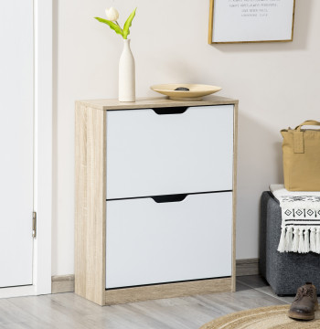 Armário para Sapatos Sapateira de Madeira com 2 Portas Abatíveis 4 Prateleiras de Armazenamento Capacidade 8 Pares de Sapatos para Entrada Corredor Dormitório 62,5x26x81cm Branco e Natural