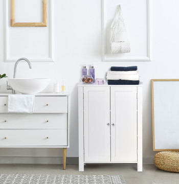 Armário Casa de Banho com 2 Portas e 2 Prateleiras Internas Ajustáveis Móvel Auxiliar de Armazenamento para Sala de Estar Cozinha 60x30x80cm Branco