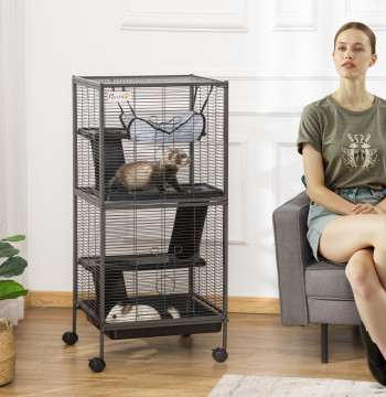 Gaiola para Animais Pequenos de 4 Níveis 52x52x113,5 cm Parque para Animais com Rodas 2 Portas 3 Rampas Rede Suspensa e Tabuleiro Removível para Porquinhos-da-Índia Cinzento Prateado