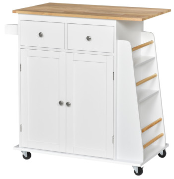 Carrinho de Cozinha Auxiliar com Rodas Carrinho de Cozinha com 2 Gavetas Armário de Armazenamento Prateleira Interior Ajustável 3 Suportes para Temperos e Barra de Pendurar 89x45x89,5cm Branco