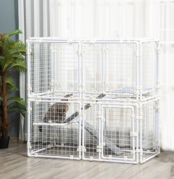 Recinto Metálico para Animais de Estimação Gaiola para Coelhos com 16 Painéis de 68x68x2,5cm Trava e Escada para Cobaias Desenho DIY Branco
