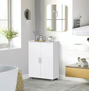 kleanklin Armario de Baño con 2 Puertas y 2 Prateleiras Ajustables en 7 Niveles Móvil Auxiliar de almacenamiento para sala de estar cocina 60x30x80cm Blanco