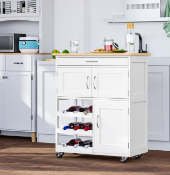 Carrinho de Cozinha com Rodas Carrinho de Cozinha com Gaveta 2 Armários de Armazenamento e 3 Prateleiras Abertas para 9 Garrafas para Sala de Jantar 67x37x87cm Branco