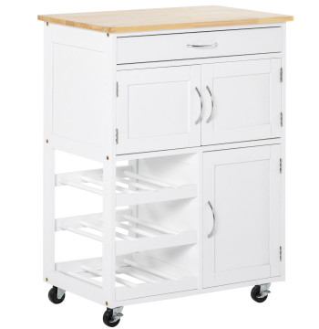 Carrinho de Cozinha com Rodas Carrinho de Cozinha com Gaveta 2 Armários de Armazenamento e 3 Prateleiras Abertas para 9 Garrafas para Sala de Jantar 67x37x87cm Branco