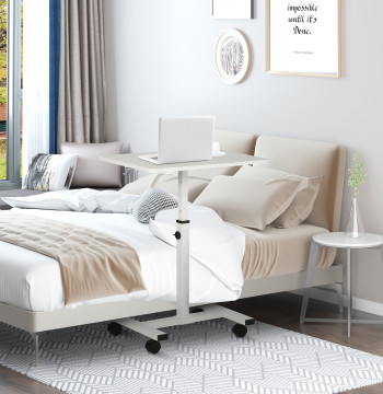 Tavolo ausiliario con ruote Tavolino laterale per divano o letto con altezza regolabile Struttura in metallo e freni per Dorm Camera 60x40x52,5-84cm Bianco