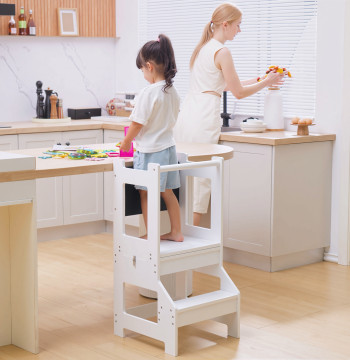 Torre de Aprendizagem para Crianças 3-6 Anos de Madeira Torre de Aprendizagem Infantil Convertível em Secretária com Ardósia e Barra de Segurança para Casa de Banho Cozinha 42x44x86cm Branco