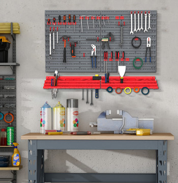 Estante de Parede com Sistema de Armazenamento 95,5x23x53,5cm Suporte para Ferramentas com 54 Peças 50 Ganchos para Oficina Garagens Vermelho e Cinza
