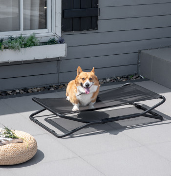 Lit haut pour chiens pliants Petit et moyen Lit animal estimé avec tissu de fil respirant Structure en acier pour intérieur et extérieur 111x65,5x19cm noir