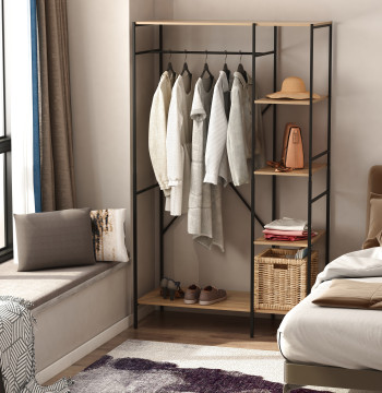 Supporto appendiabiti Cabina in legno con 4 scaffalature e barra di fissaggio carico massimo 30kg per Dorm ingresso 100x46x170.5cm Legno e Nero