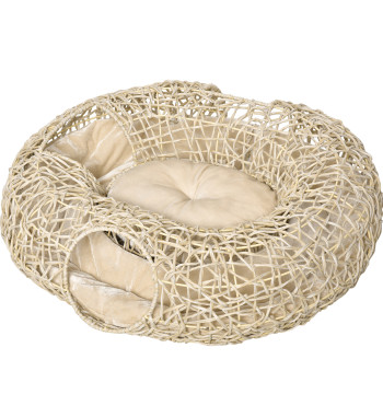 Cama para Gatos de Vime PE 78x69x22cm Cama para Gatos com Almofada Suave 3 Orifícios de Acesso e Canal em Forma de Anel Natural