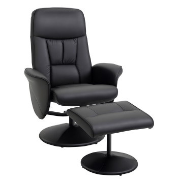 Poltrona Relax com Apoio para os Pés Estofada em PU Poltrona Relax Reclinável até 145° e Giratório 360° com Encosto Ajustável para Sala de Estar Dormitório Escritório 81x81x105cm Preto
