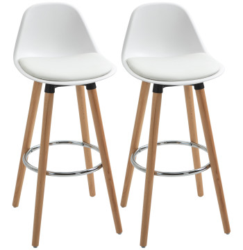 Conjunto de 2 Bancos de Bar Estofado em PU Bancos Altos de Cozinha com Assento de 69 cm e Pés de Madeira para Cozinha Sala de Jantar 38,5x42,5x91cm Branco