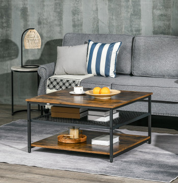 Table centrale auxiliaire avec 2 étagère de stockage Structure en métal pour salon Salle à manger Charge maximale 30kg 80x80x45cm Rustic Brown