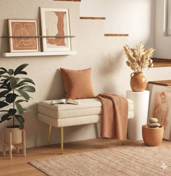 Essenza Banc Bout Lit Beige 79,5cm Rangement Pieds Dorés 120kg