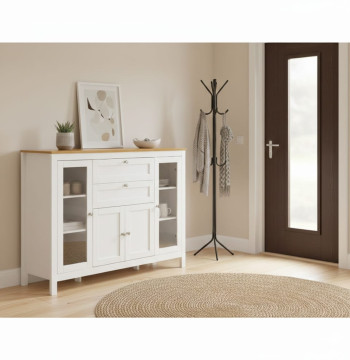 Essenza Buffet Cuisine 120cm Blanc Chêne 2 Tiroirs Portes Verre