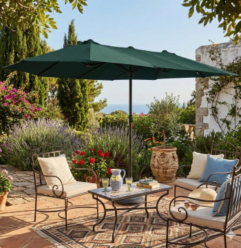 Essenza Parasol Double Vert 455cm Jardin Terrasse Anti UV Manivelle