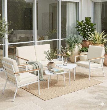 Essenza Set Mobili Giardino 5 Pezzi Divano Poltrone Tavoli Crema