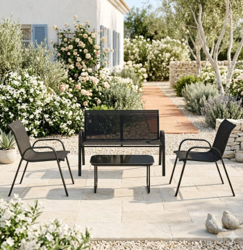 Essenza Conjunto Jardín 4 Piezas Textilene Negro Mesa Cristal