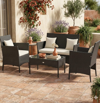 Essenza Ensemble 4 Meubles Jardin Rotin Synthétique Table Verre Noir