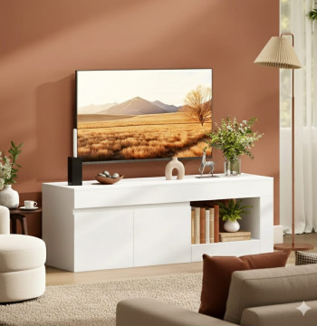 Essenza Meuble TV Blanc 140cm pour TV 60" avec Placard et Étagère