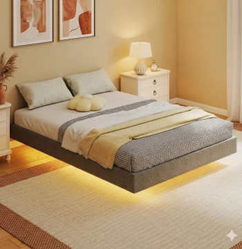 Essenza Cama Plataforma LED RGB 140x190 Cinza - Luzes Controláveis - PP