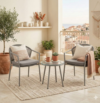 Essenza Ensemble Jardin 3 Pièces Rotin Synthétique Table Verre Gris
