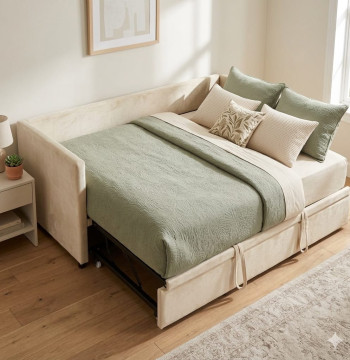 Essenza Canapé Lit Gigogne 2en1 Double 90x190cm Velours Crème 350kg
