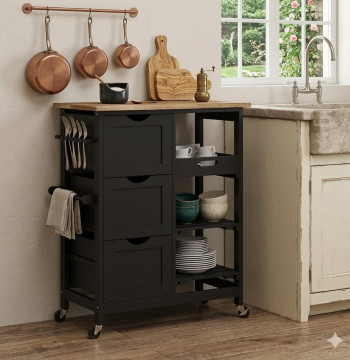 Essenza Chariot Cuisine Noir 3 Tiroirs 67x37x85cm Avec Roulettes