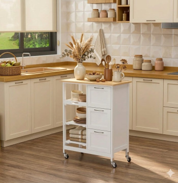 Essenza Chariot Cuisine 67x37x84cm avec Roues 3 Tiroirs Blanc MDF
