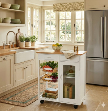 Essenza Carrinho Cozinha Bambu Branco 70x37x85cm com Rodas e Gavetas