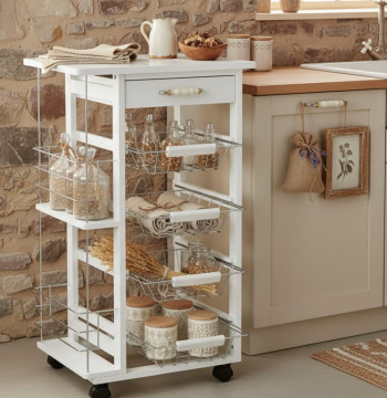Essenza Carrinho Cozinha Compacto 47x37x83cm 4 Cestas Rodas Branco