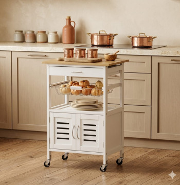 Essenza Carrinho Cozinha Multifuncional 4 Rodas Bambú Branco 58x37x83cm