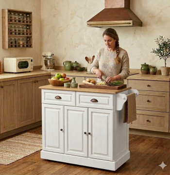 <p><strong>Carrinho de Cozinha Essenza</strong> - A solução perfeita para maximizar o espaço da sua cozinha com estilo e funcionalidade.</p><p><strong>Características Principais:</strong></p><ul><li><strong>Amplo Espaço de Armazenamento:</strong> 2 gavetas, 2 armários com portas, 1 suporte para temperos e 1 toalheiro</li><li><strong>Bancada Espaçosa:</strong> Superfície em madeira de borracha de 90x45cm, resistente à água e fácil de limpar</li><li><strong>Prateleiras Ajustáveis:</strong> Reguláveis em 3 alturas diferentes para diferentes necessidades</li><li><strong>Máxima Mobilidade:</strong> 4 rodas giratórias para mover facilmente entre cozinha e sala de jantar</li><li><strong>Design Elegante:</strong> Combinação branco e madeira que se adapta a qualquer decoração</li></ul><p><strong>Especificações Técnicas:</strong></p><ul><li>Dimensões: 110x45x89cm</li><li>Material: MDF e madeira de borracha</li><li>Capacidade máxima: 50kg total</li><li>Peso: 37kg</li><li>Cor: Branco e Madeira</li></ul><p><strong>Inclui:</strong> 1x Carrinho de cozinha, 1x Manual de instruções. Requer montagem.</p>