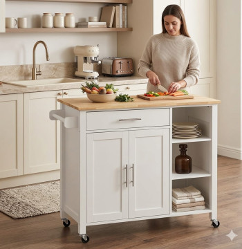 <p><strong>Carrinho de cozinha móvel Essenza</strong> com amplo espaço de armazenamento e design funcional. Perfeito para otimizar o espaço em cozinhas pequenas.</p><ul><li><strong>Amplo armazenamento:</strong> 3 prateleiras, 1 gaveta e armário com prateleira ajustável em 3 níveis</li><li><strong>Mobilidade total:</strong> 4 rodas giratórias, 2 com travão para posição fixa</li><li><strong>Materiais resistentes:</strong> Melamina, MDF e bancada de madeira de borracha envernizada</li><li><strong>Design versátil:</strong> Combinação branco e madeira natural, adaptável a qualquer decoração</li><li><strong>Funcionalidade extra:</strong> Barra lateral como toalheiro e pega de transporte</li></ul><p><strong>Especificações:</strong> Medidas 107,5x48x89cm, capacidade máxima 70kg total. Requer montagem.</p>
