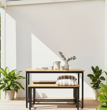 Conjunto de Mesa e Banco Teza – Madeira e Aço para Sala de Jantar