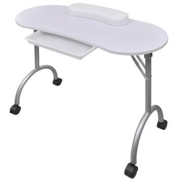 Mesa manicura plegable con ruedas, blanca