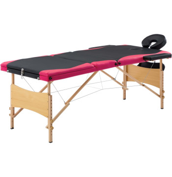 Mesa de massagens dobrável 3 zonas madeira preto e rosa