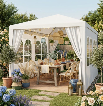 Tenda para festas 3x6 m em aço e PE branco com painéis laterais