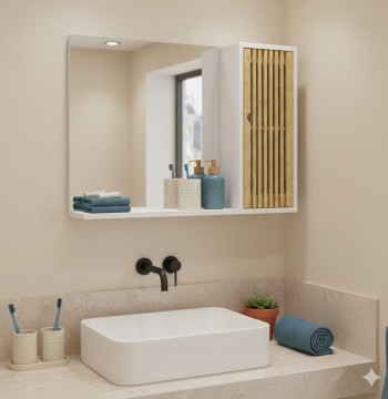 Essenza Espelho Casa Banho Parede 60x50cm Prateleira Armário Bambu