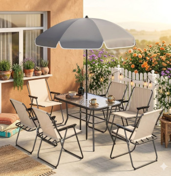 Essenza Ensemble Jardin 8 Pièces Table Chaises Parasol 6 Personnes