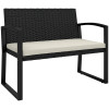 Banco de Jardim em Vime Sintético de 2 Lugares Banco de Exterior com Almofada Apoio para os Braços Carga 240 kg para Varanda Pátio 103x58x78 cm Preto e Bege