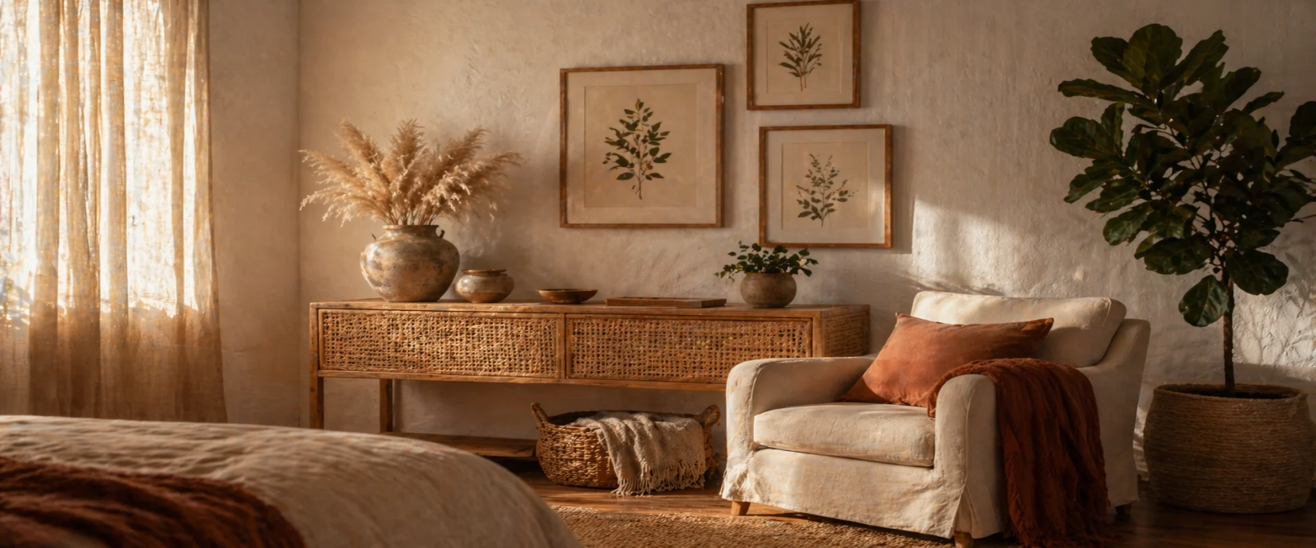 Aparador com decoração e arte de parede