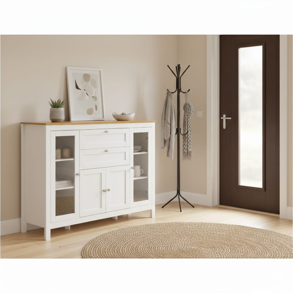 Essenza Aparador Cozinha 120cm Branco Carvalho 2 Gavetas Portas Vidro