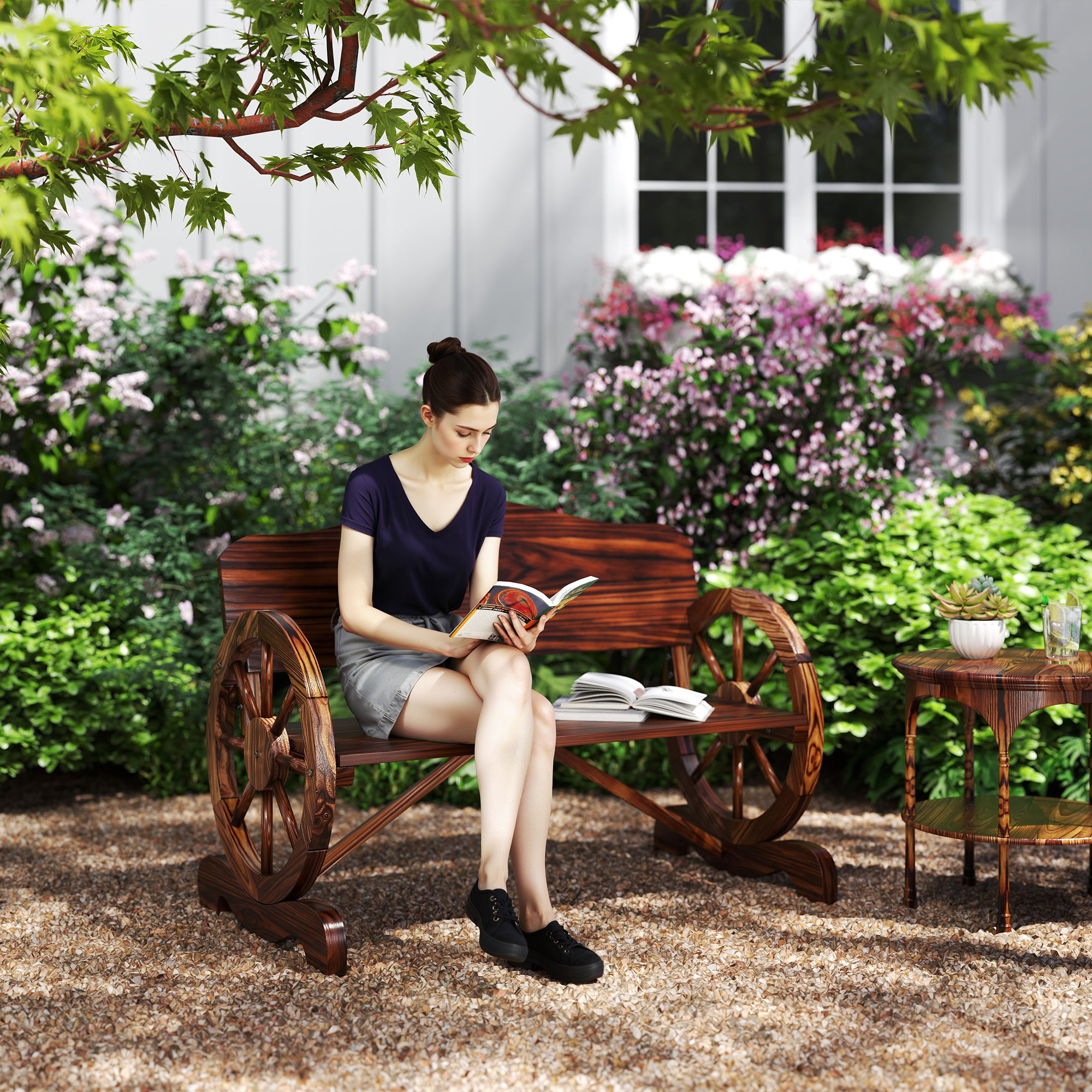 Banca esterna del giardino di legno con braccioli a forma di ruota Stile rustico Carica 240 kg 2 Luoghi per Patio Balcone 110x50x80 cm Nogueira