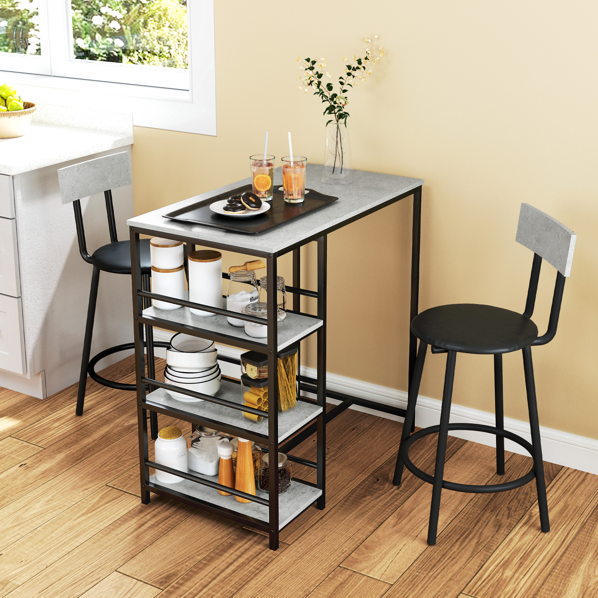 Conjunto de Mesa Alta de Bar com 2 Bancos