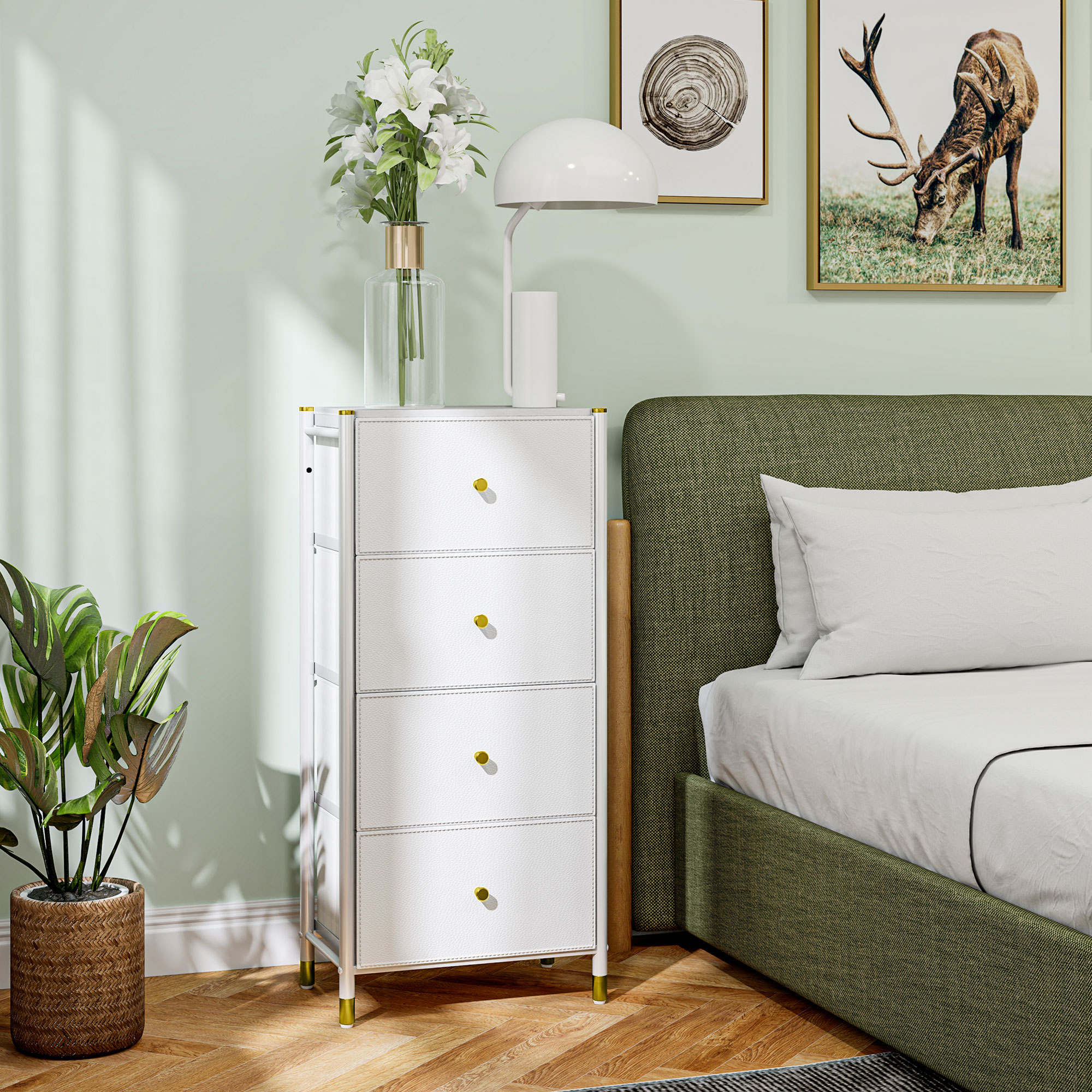 Cómoda para Dormitório Cómoda de Tecido com 4 Gavetas Dobráveis com Frentes de Couro PU e Estrutura de Aço Cómoda para Dormitório 46x30x98 cm Branco