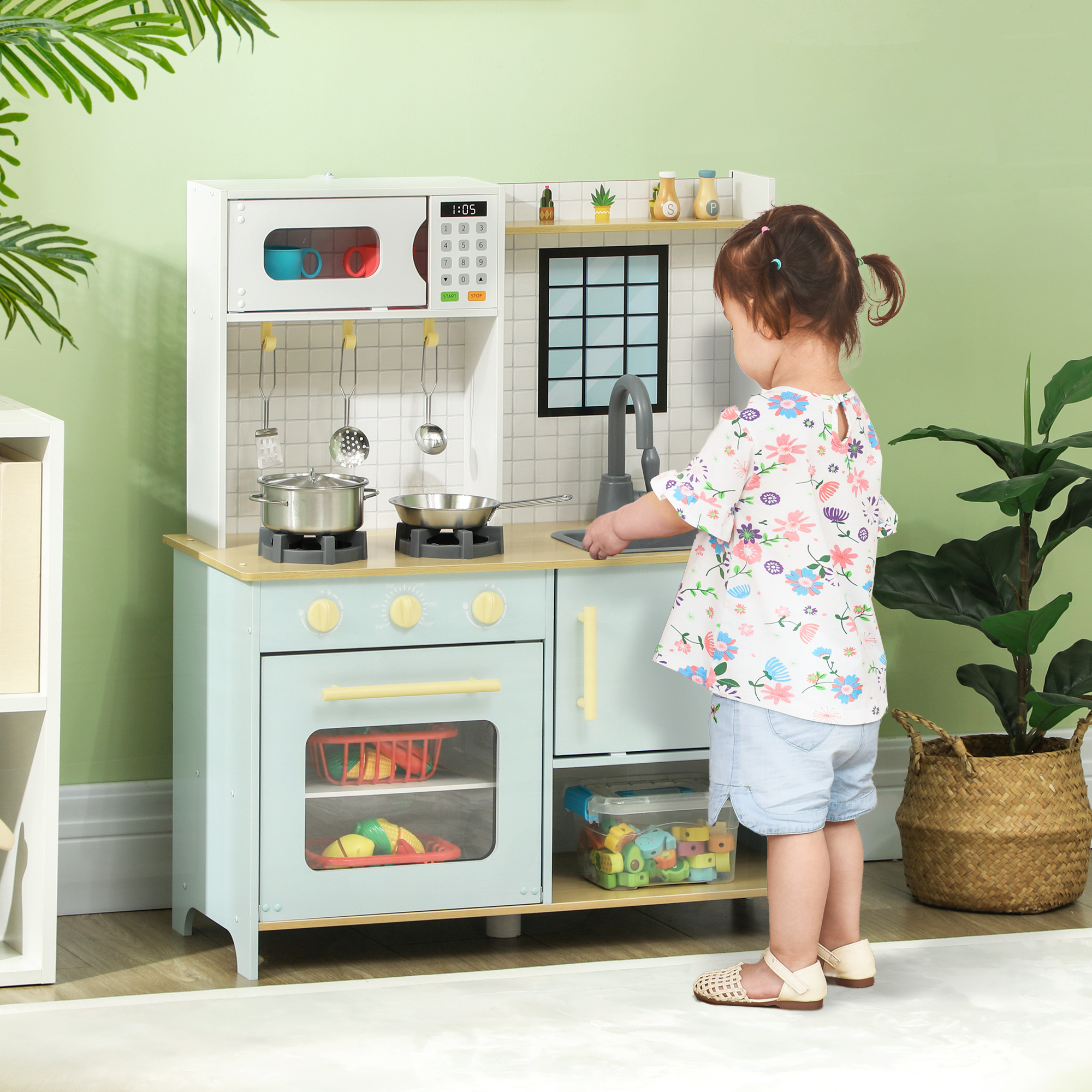 Cozinha de Madeira para Crianças acima de 3 Anos Cozinha de Brincar Infantil com Som Fogão Lavatório Micro-Ondas e Acessórios Azul