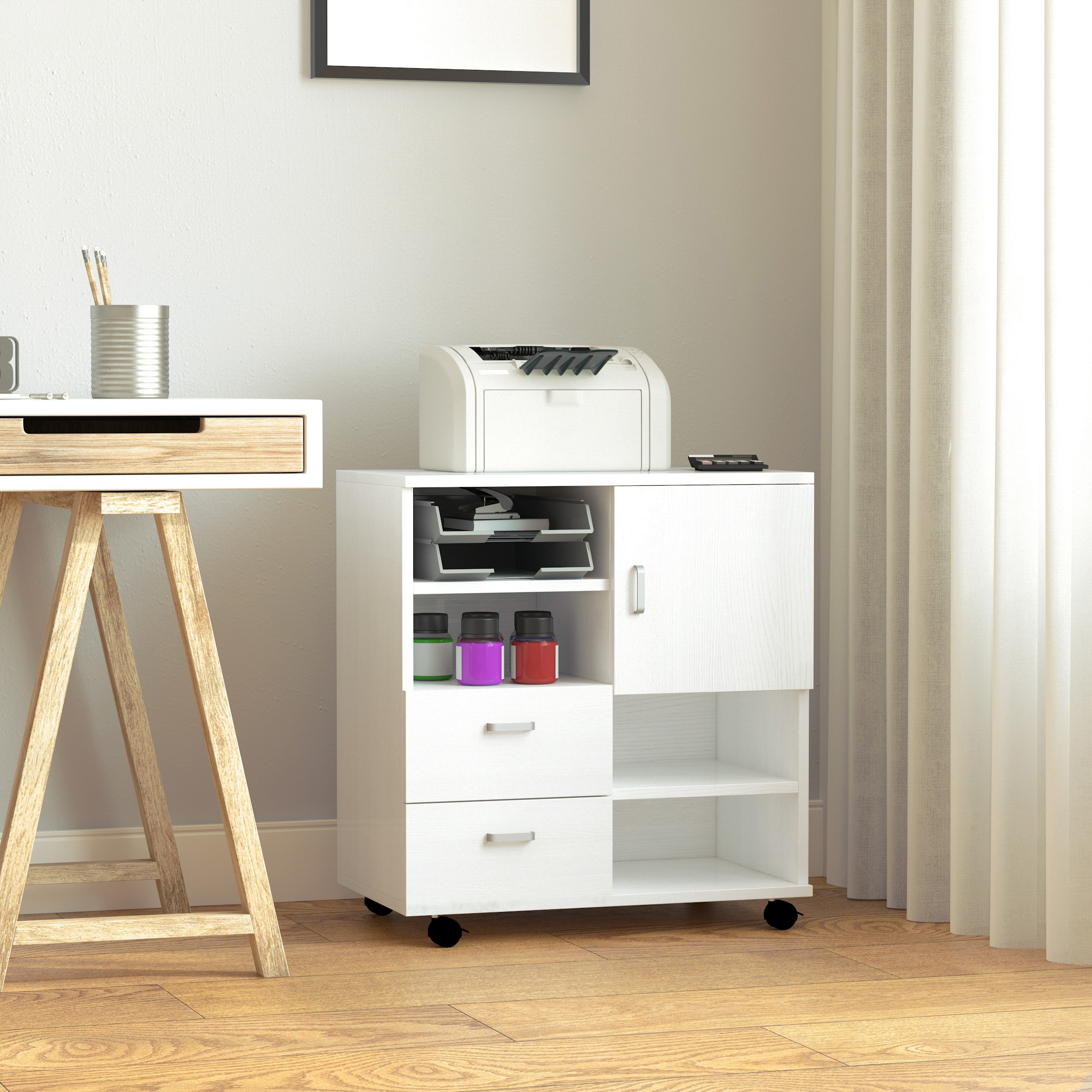 Muebles auxiliares de oficina con Gavetas y Rodas Multiuso 60x65x35 cm Blanco