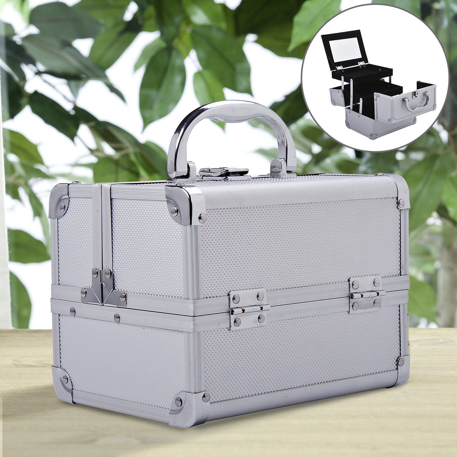 Estojo de maquillaje profesional portátil de Cosméticos con Bandejas de 3 Niveles y Espejo 2 Claves para Puerta-Joias Manicure 15x15x20cm Plata